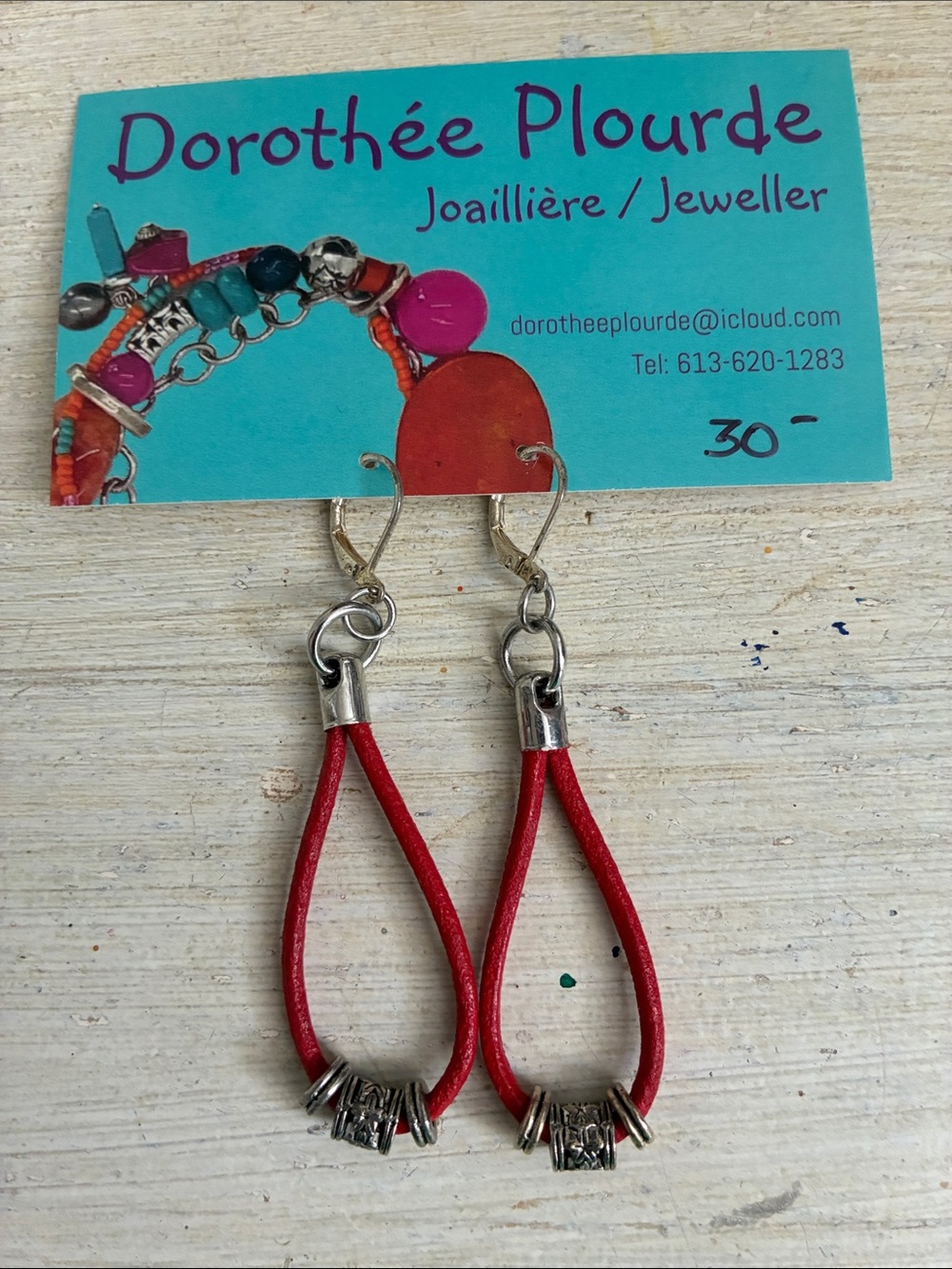 Red Leather Loop Earrings with Silver Accents